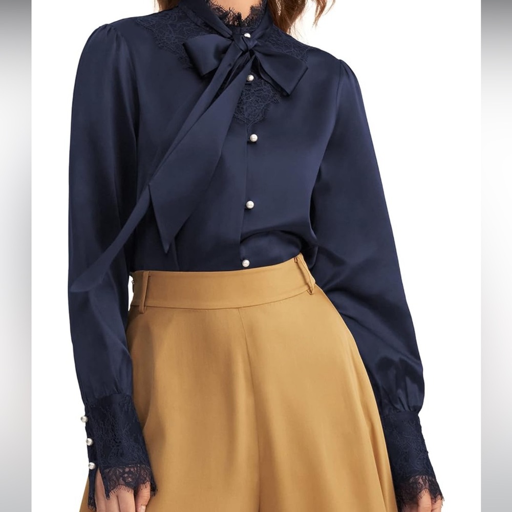 LilySilk X MIM Women's Lace Silk Blouse with Removable Bow